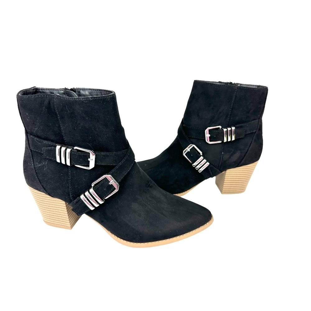 Sun & Stone Black Faux Suede Ankle Boots 'SS Elyssaa' 7.5 M Stacked Heels